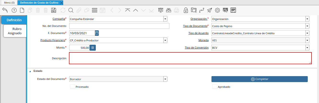 campo descripción de la ventana definición de costo de cultivo