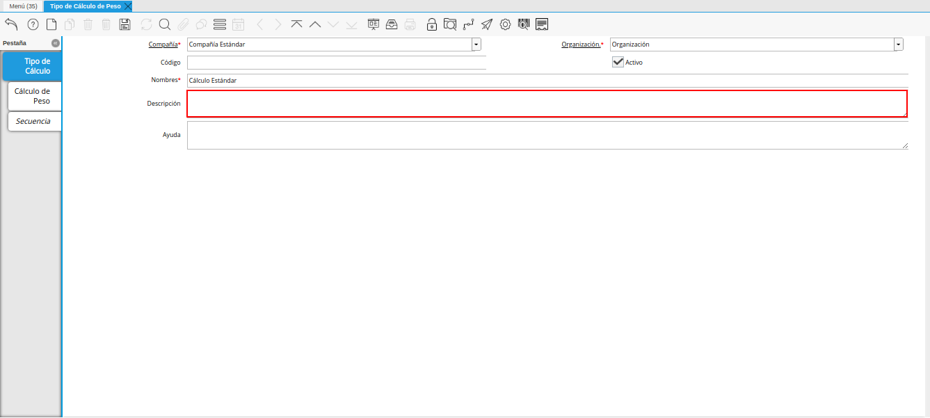 campo descripción de la ventana tipo de cálculo de peso