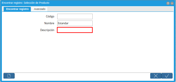 Campo Descripción de la Ventana Encontrar Registro Selección de Producto