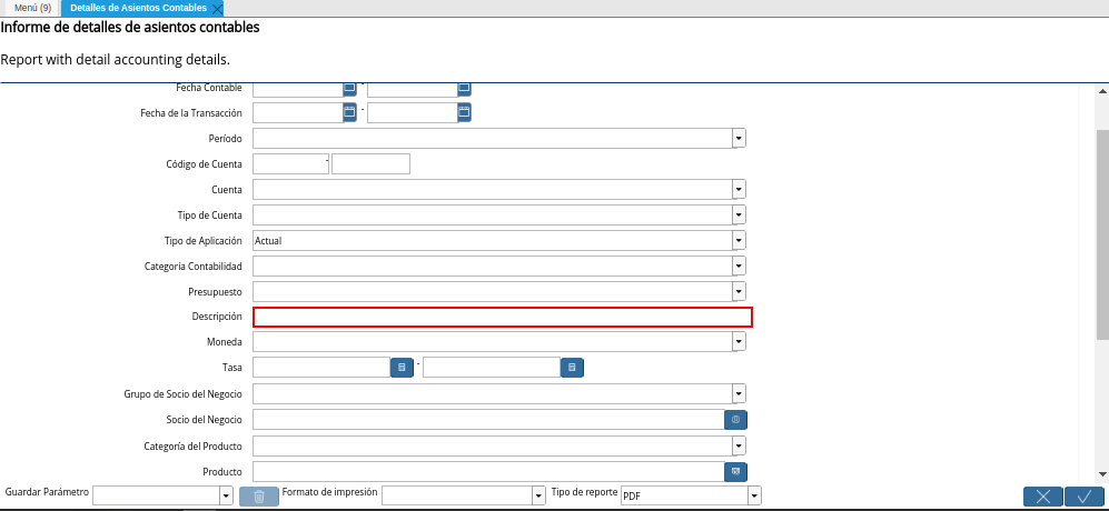 Campo Descripción de la Ventana Detalles de Asientos Contables