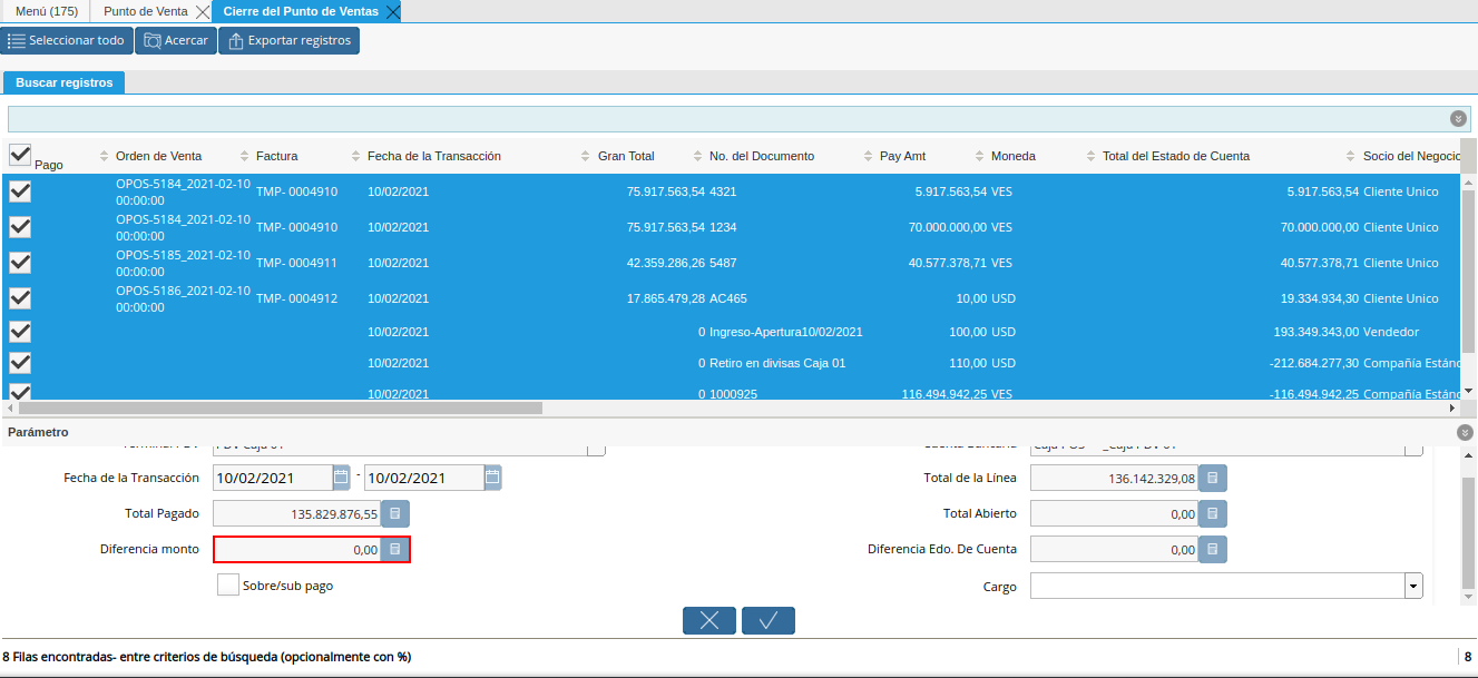 Campo Diferencia Monto de la Ventana Cierre de Caja del Punto de Venta