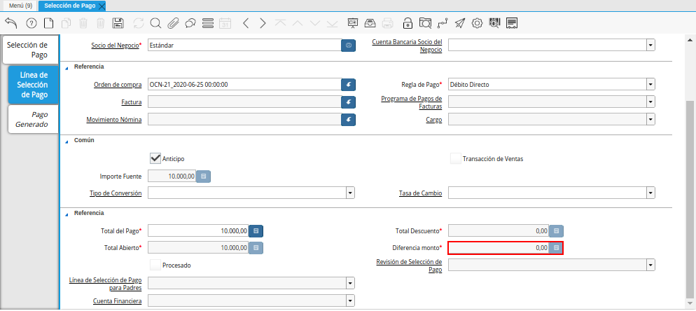 Diferencia Monto del Documento Orden de Pago desde Orden