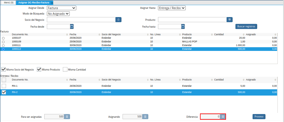 Campo Diferencia de la Ventana Asignar OC Recepción Factura