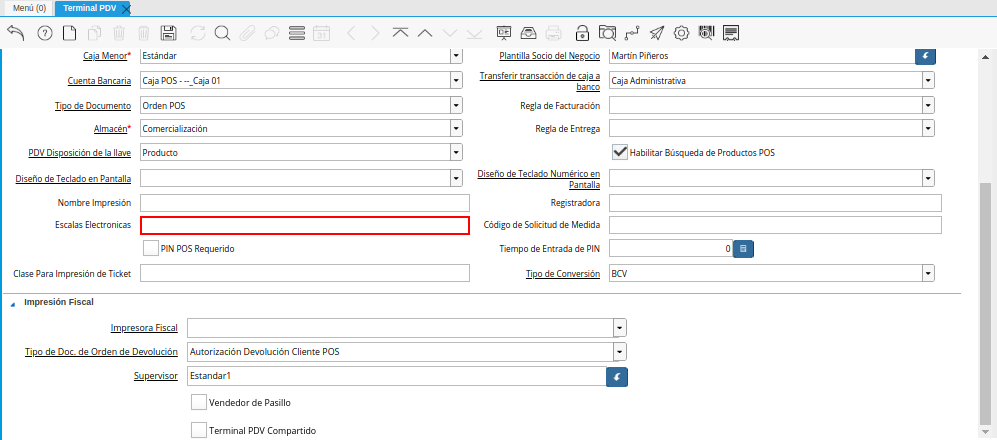 Campo Escalas Electrónicas de la Ventana Terminal PDV