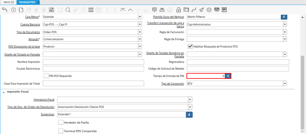 Campo Tiempo de Entrada de PIN de la Ventana Terminal PDV