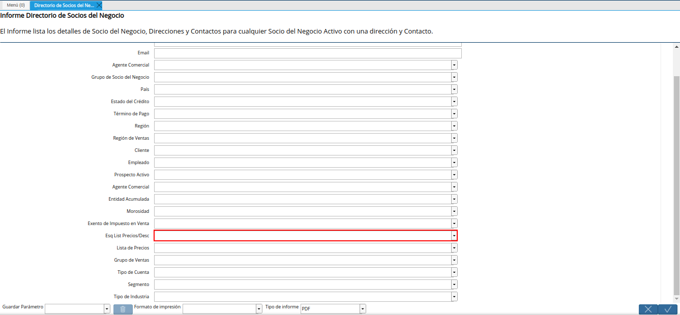 campo esq list precios desc del reporte directorio de socios del negocio