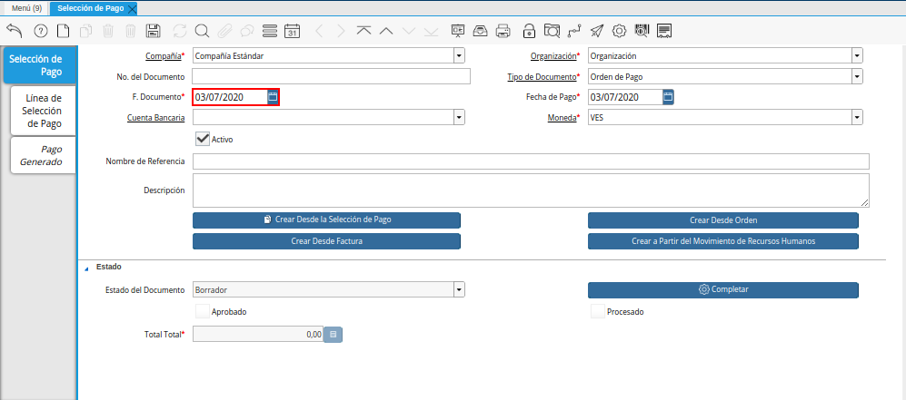 Campo F. Documento del Documento Orden de Pago desde Orden