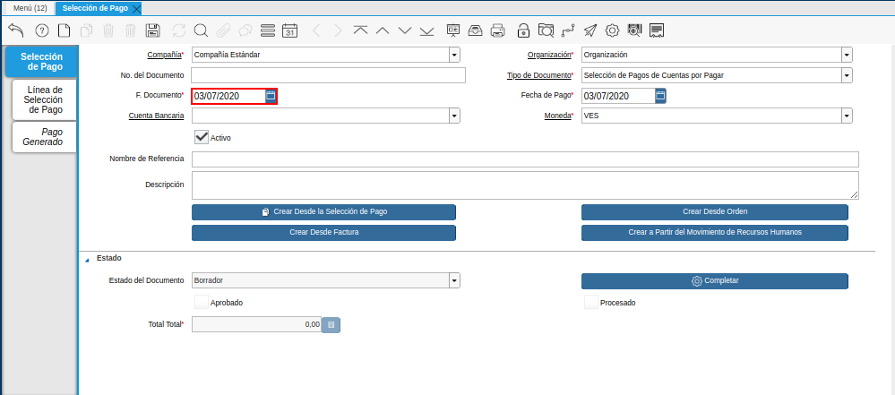 Campo F. Documento del Documento Registro desde Selección de Pago