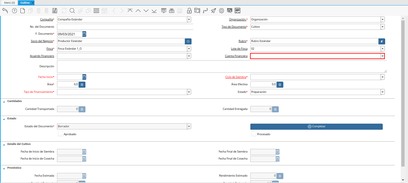 campo cuenta financiera de la ventana cultivo