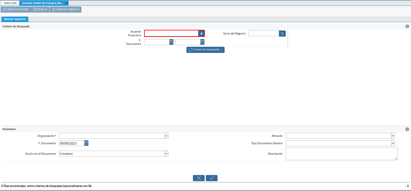 campo acuerdo financiero del generar orden de compra desde financiamiento agrícola