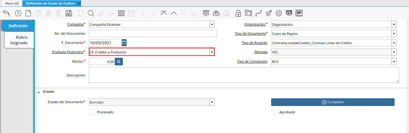 campo producto financiero de la ventana definición de costo de cultivo