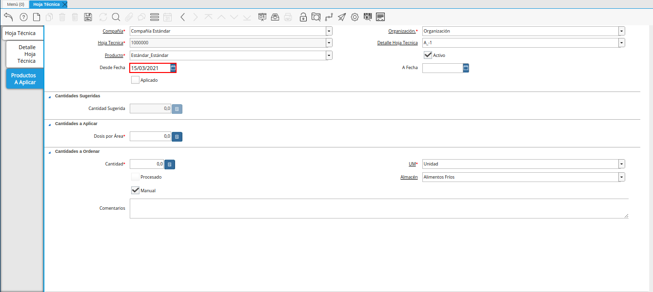 campo desde fecha de la pestaña productos a aplicar de la ventana hoja técnica