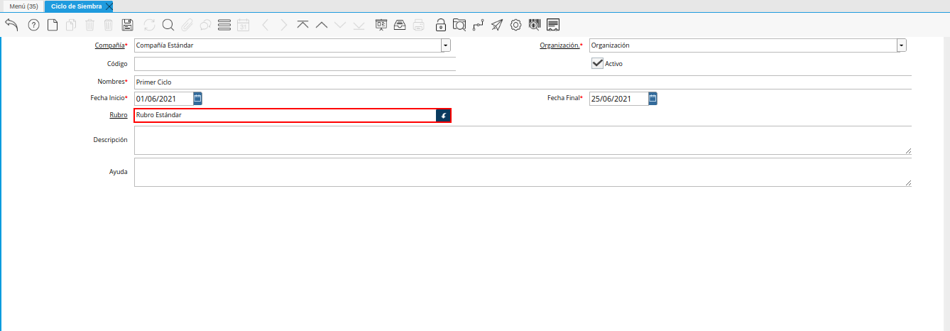 campo rubro de la ventana ciclo de siembra