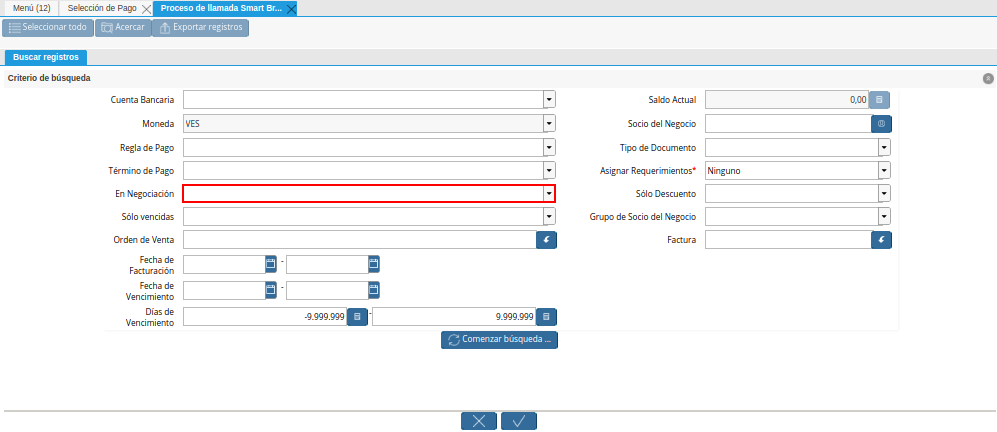 Campo en Negociación de la Ventana de Búsqueda Inteligente del Proceso Crear Desde Factura