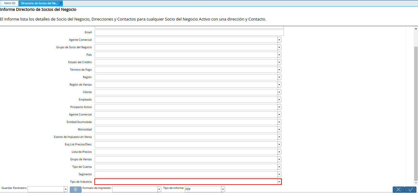 campo tipo de industria del reporte directorio de socios del negocio