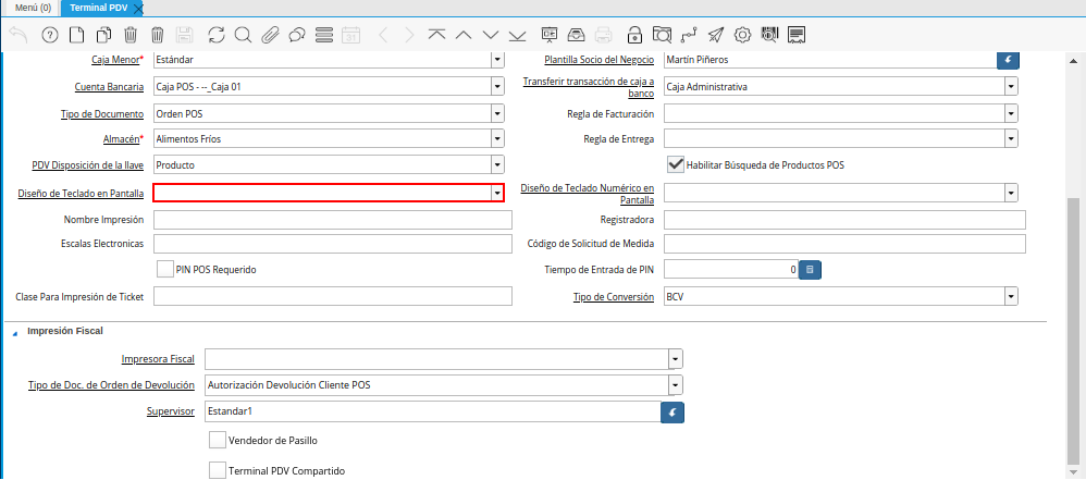 Campo Diseño de Teclado en Pantalla de la Ventana Terminal PDV