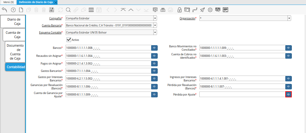 Campo Pérdida por Ajuste de la Pestaña Contabilidad de la Ventana Definición de Diario de Caja