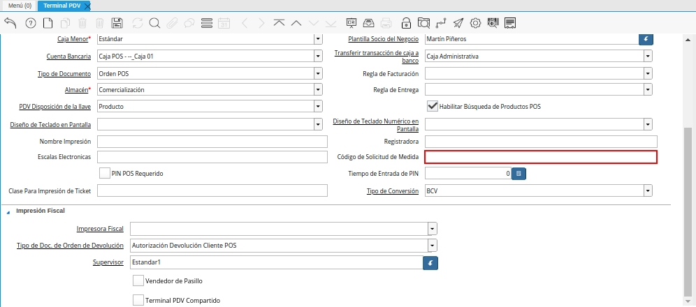 Campo Código de Solicitud de Medida de la Ventana Terminal PDV