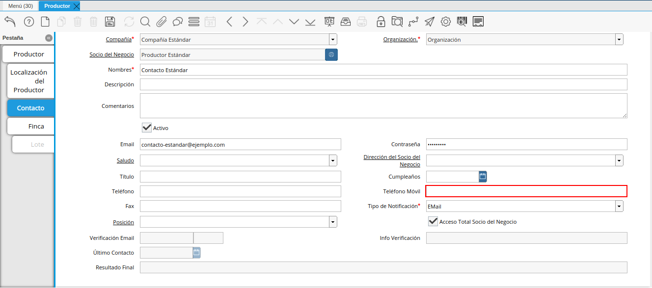 Campo Teléfono Móvil Contacto