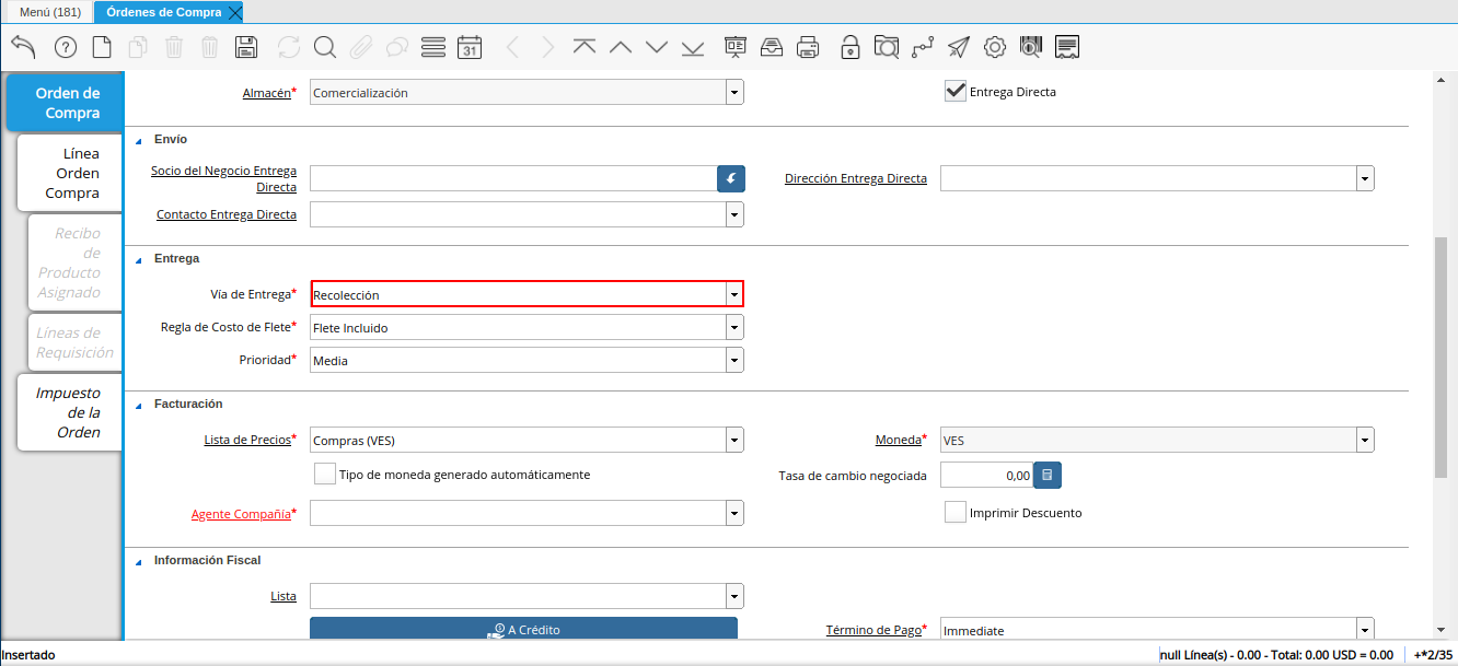 campo vía de entrega orden multimoneda