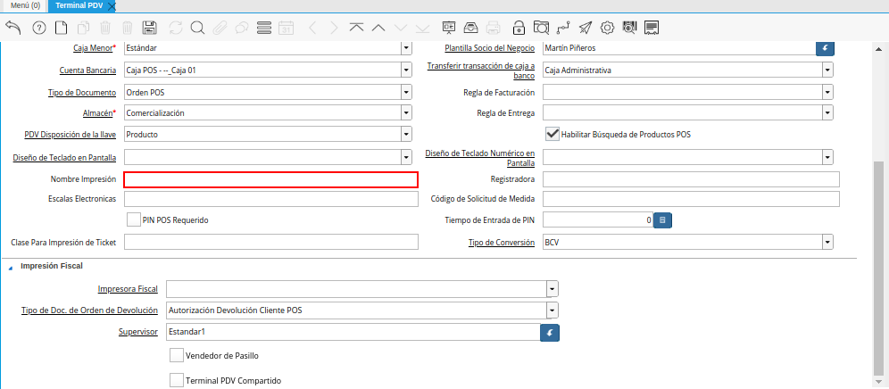 Campo Nombre Impresión de la Ventana Terminal PDV