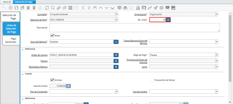 Campo No Línea del Documento Orden de Pago desde Orden
