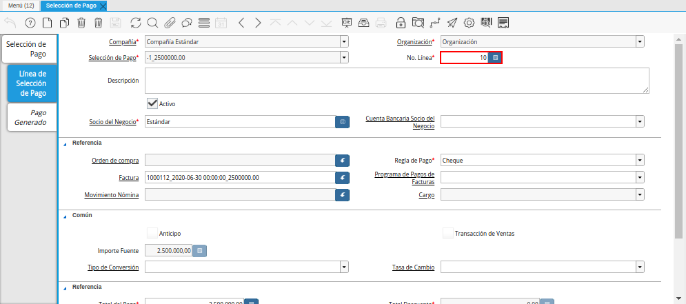 Campo No Línea del Documento Orden de Pago desde Factura