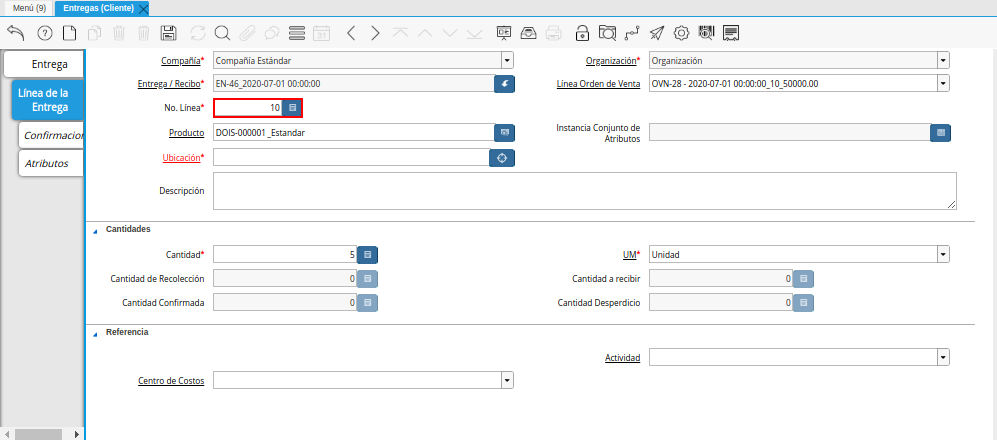 Campo No. Línea de la Pestaña Línea de la Entrega de la Ventana Entregas Cliente