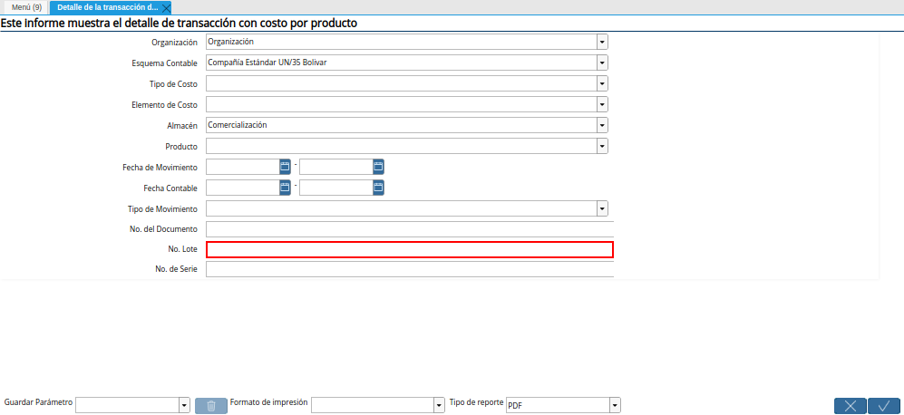 Campo No. Lote de la Ventana Detalle de la Transacción de Costos