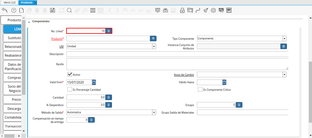 Campo No Línea de la Pestaña ldm del Producto Estándar para Producción