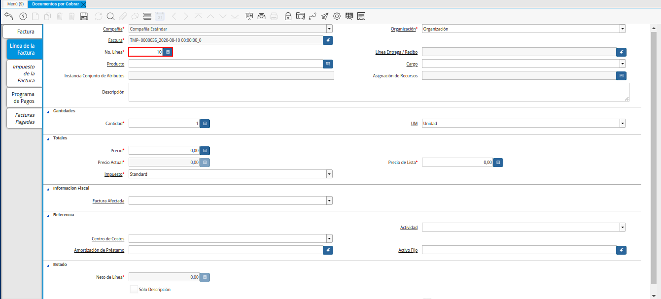 Campo Nro Línea de la Nota de Crédito de CxC