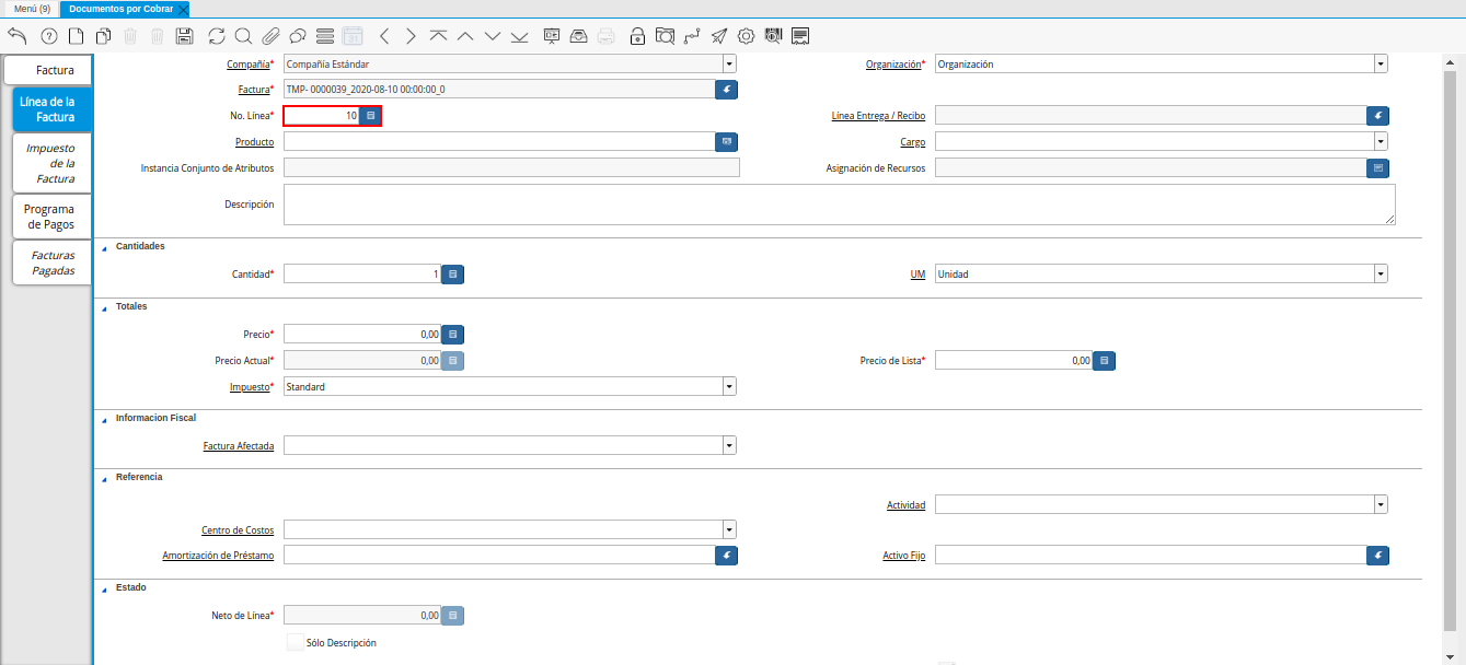 Campo Nro Línea de la Nota de Débito de CxC