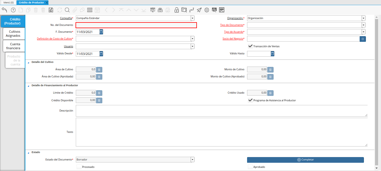 campo número del documento de la ventana crédito del productor