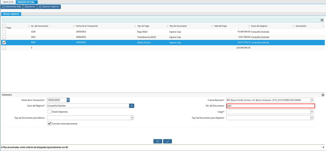 campo nro del documento de la ventana deposito a caja