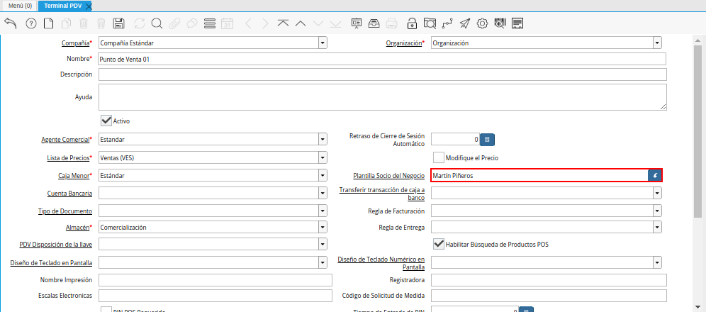 Campo Plantilla Socio del Negocio de la Ventana Terminal PDV