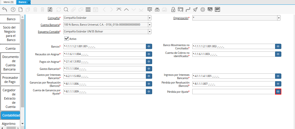 Campo Pérdida por Ajuste de la Pestaña Contabilidad de la Ventana Banco