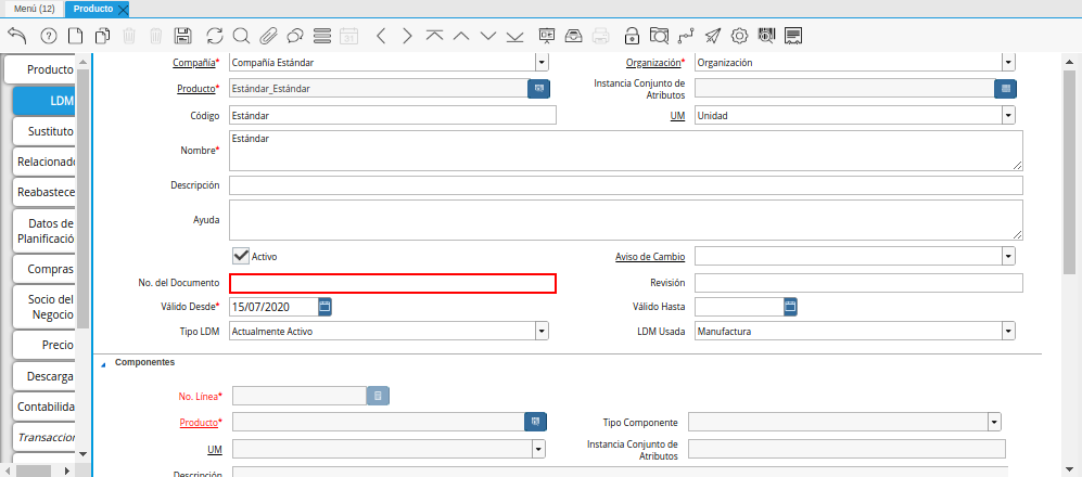 Campo No del Documento del Producto de la Pestaña LDM