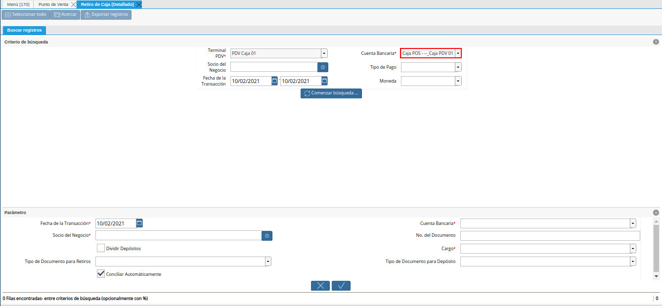 campo o filtro cuenta bancaria del retiro detallado