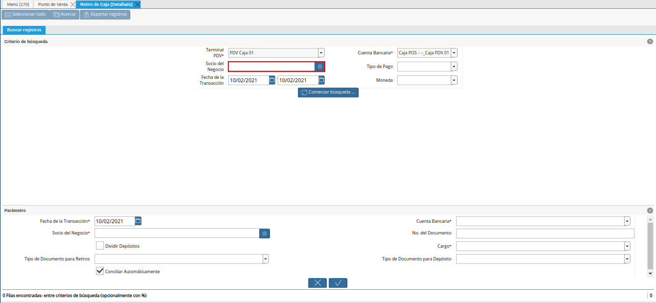 campo o filtro socio del negocio del retiro detallado