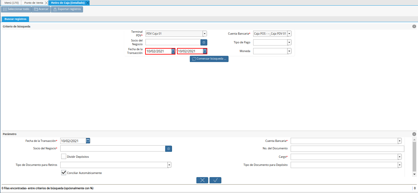 campo o filtro fecha de la transacción del retiro detallado