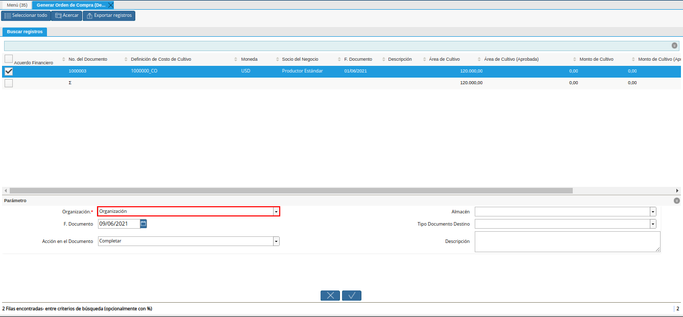 campo organización del generar orden de compra desde financiamiento agrícola