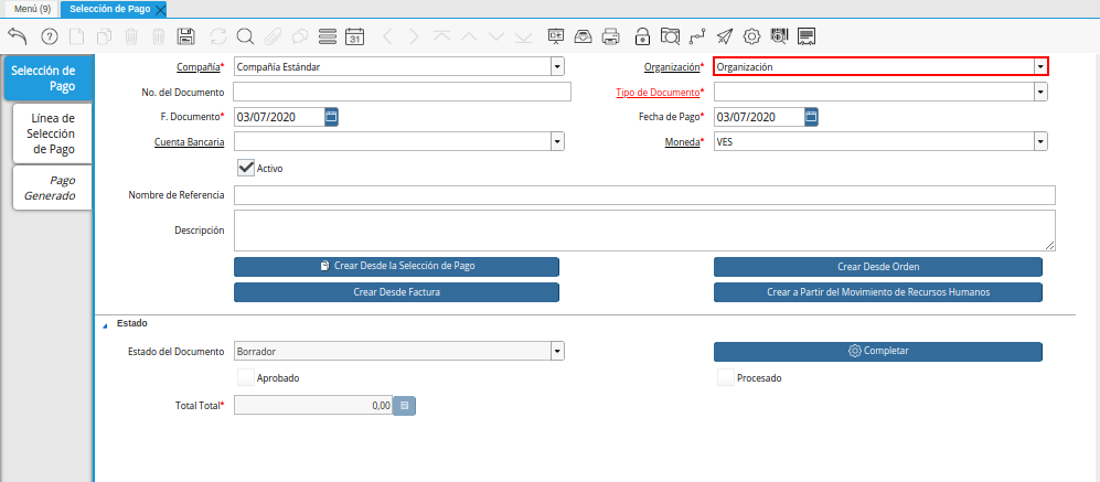 Campo Organización del Documento Orden de Pago desde Orden