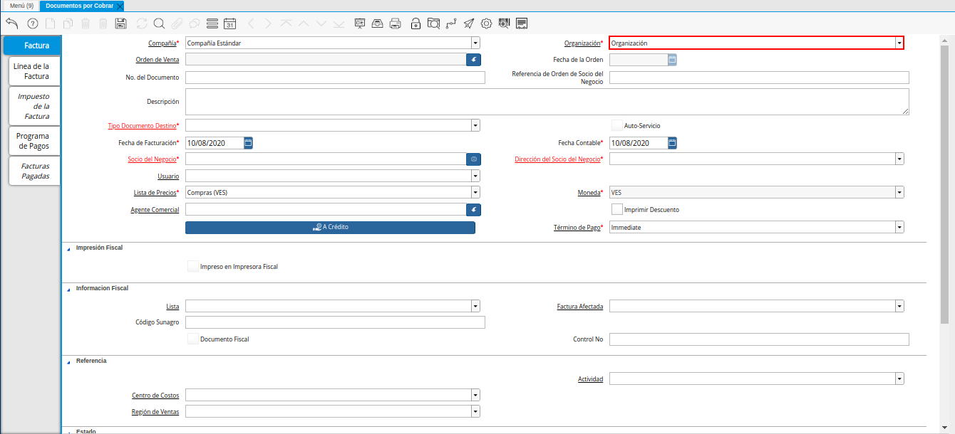 Campo Organización de la Ventana Documentos por Cobrar