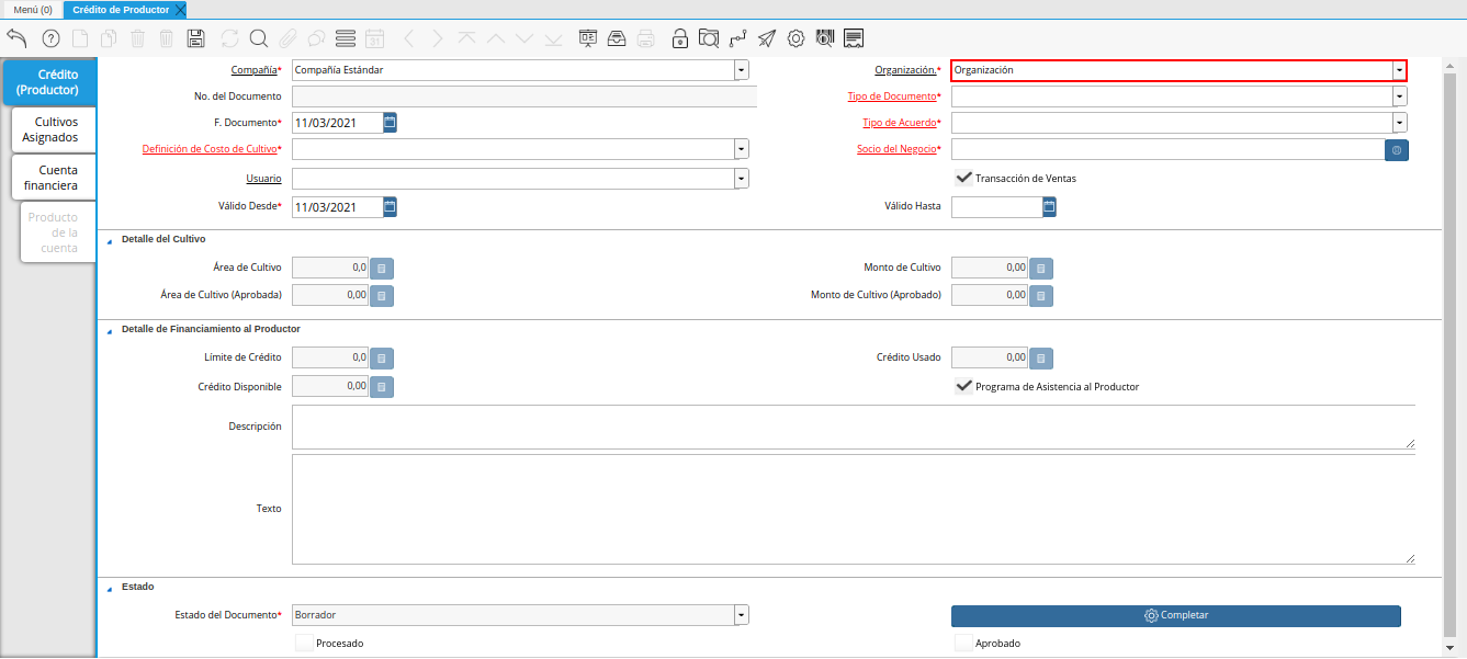 campo organización de la ventana crédito del productor