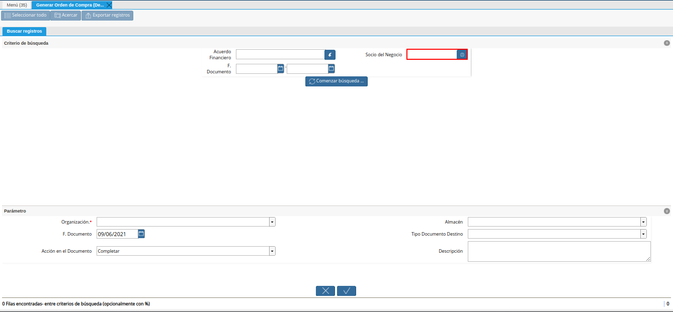 campo socio del negocio del generar orden de compra desde financiamiento agrícola