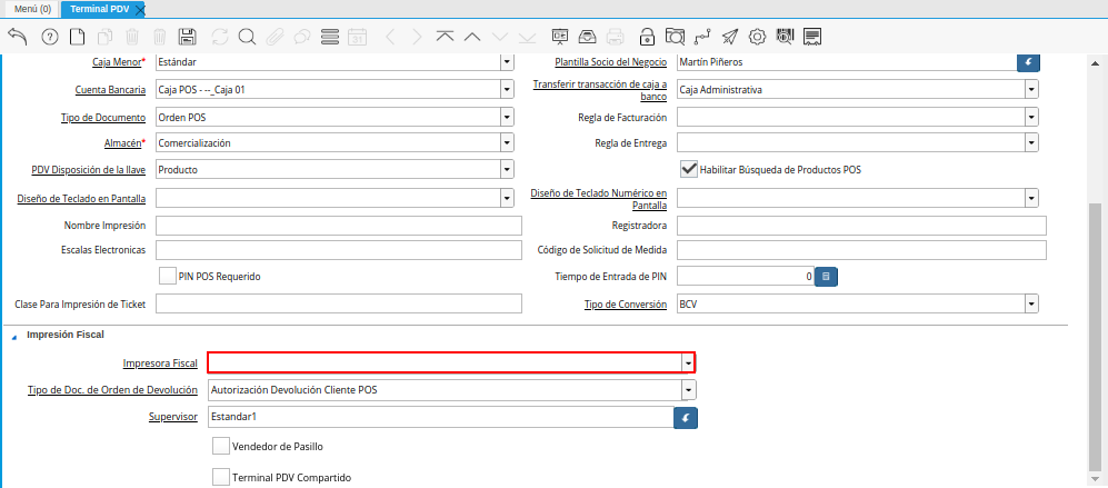 Campo Impresora Fiscal de la Ventana Terminal PDV