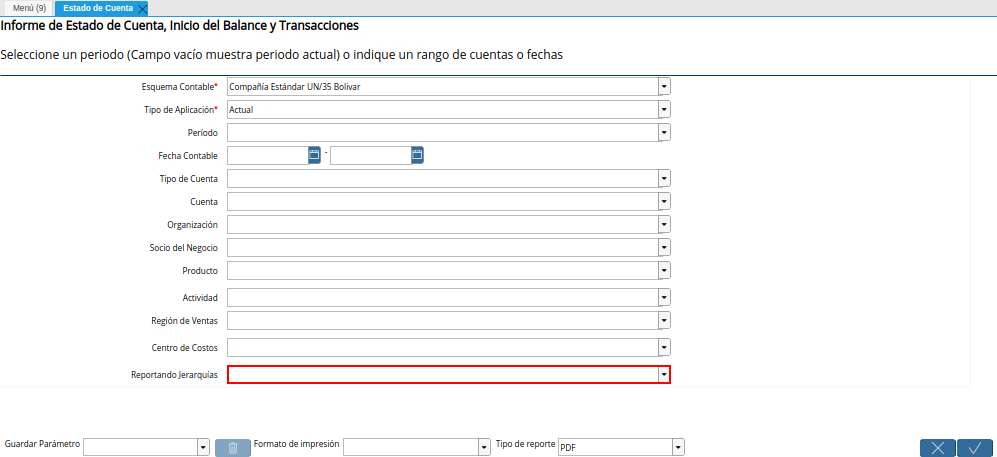 Campo Reportando Jerarquías de la Ventana Estado de Cuenta