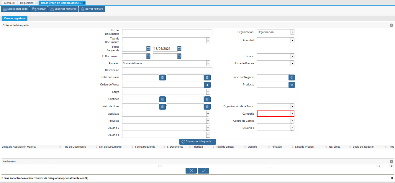 campo campaña de la requisición