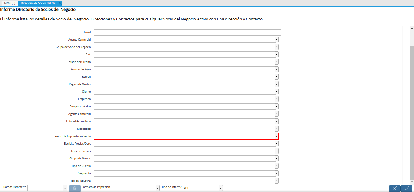 campo exento de impuesto en venta del reporte directorio de socios del negocio