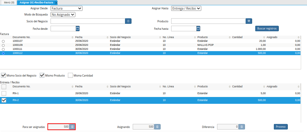 Campo Para ser asignadas de la Ventana Asignar OC Recepción Factura